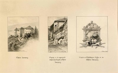 Turjak: Vista del castillo de Turjak; Entrada a la capilla luterana; Escudo de Turjak de Ladislav Benesch